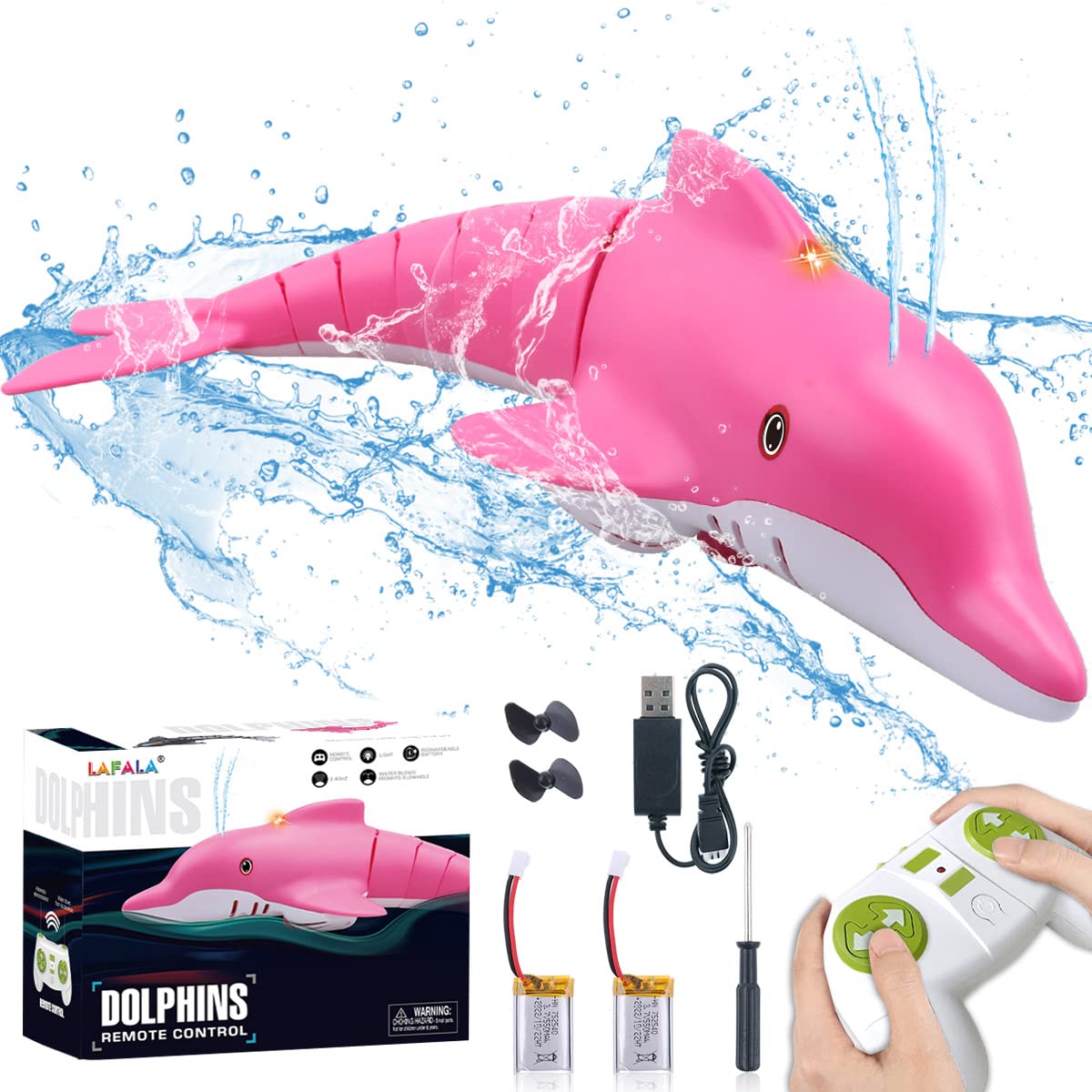 LAFALA Pink Remote Control Dolphin Toy 2.4G High Simulation Cartoon Dolphin Remote Control for Swimming Pool Bathroom Great Gift RC Boat Shark Toys for 6+ Year Old Boys and Girls (with 2 Batteries)