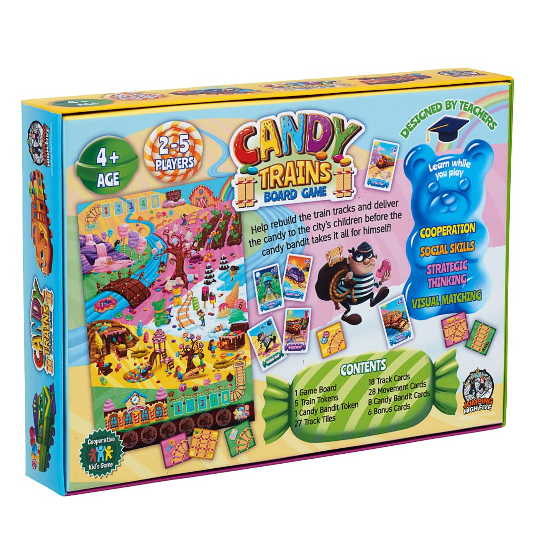 Jumping High Five Candy Trains Board Game! A Sweet Sugar Coated Cooperative Game for Kids Ages 4 and Up, Children Learn New Skills with Tasty Track Building, Perfect for Family Play Time