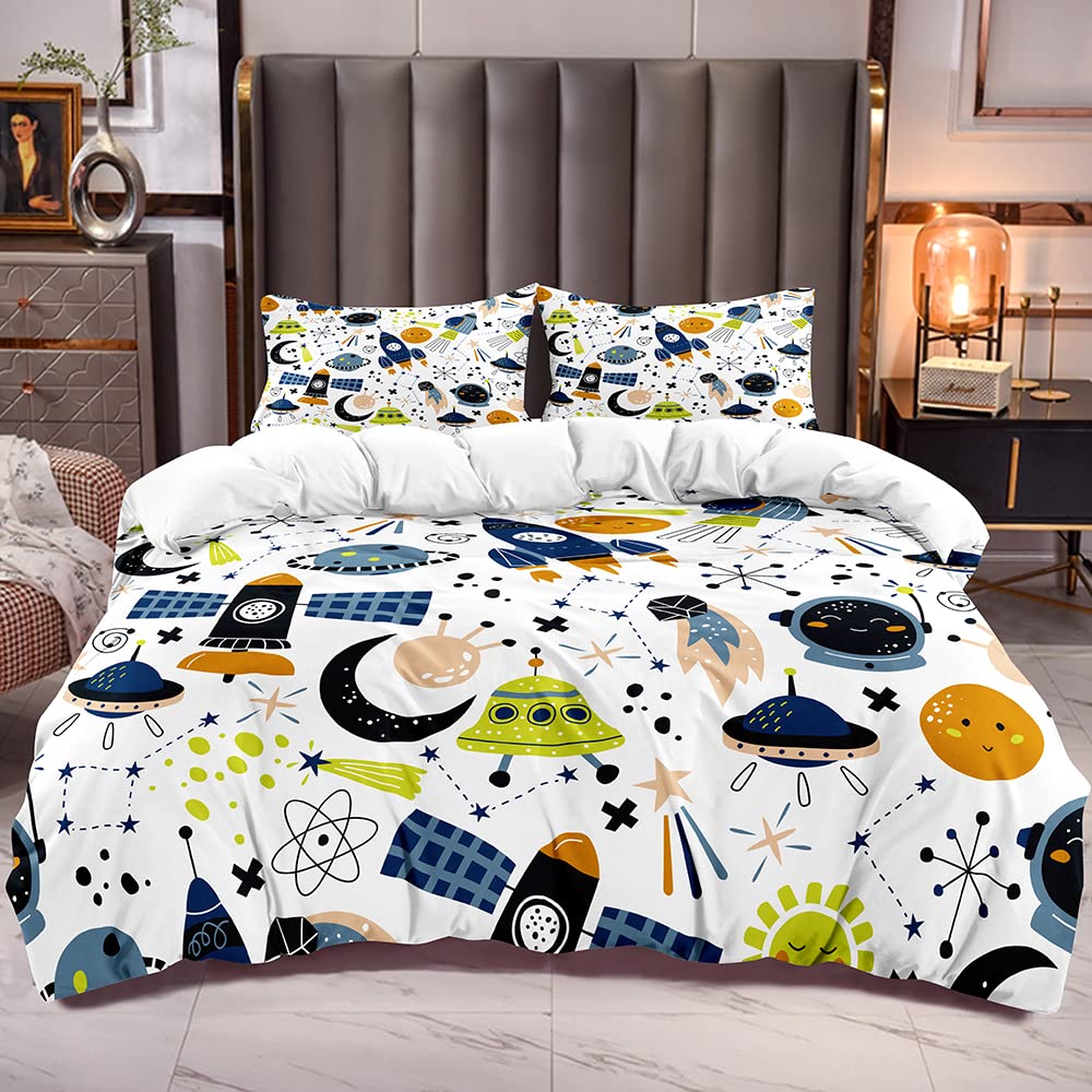 JIJIWANG King Size Duvet Cover Space Cotton Comforter Cover Kids 2 Pillowshames Rocket Space Duvet Cover Boys Girls Spaceship Planet Print