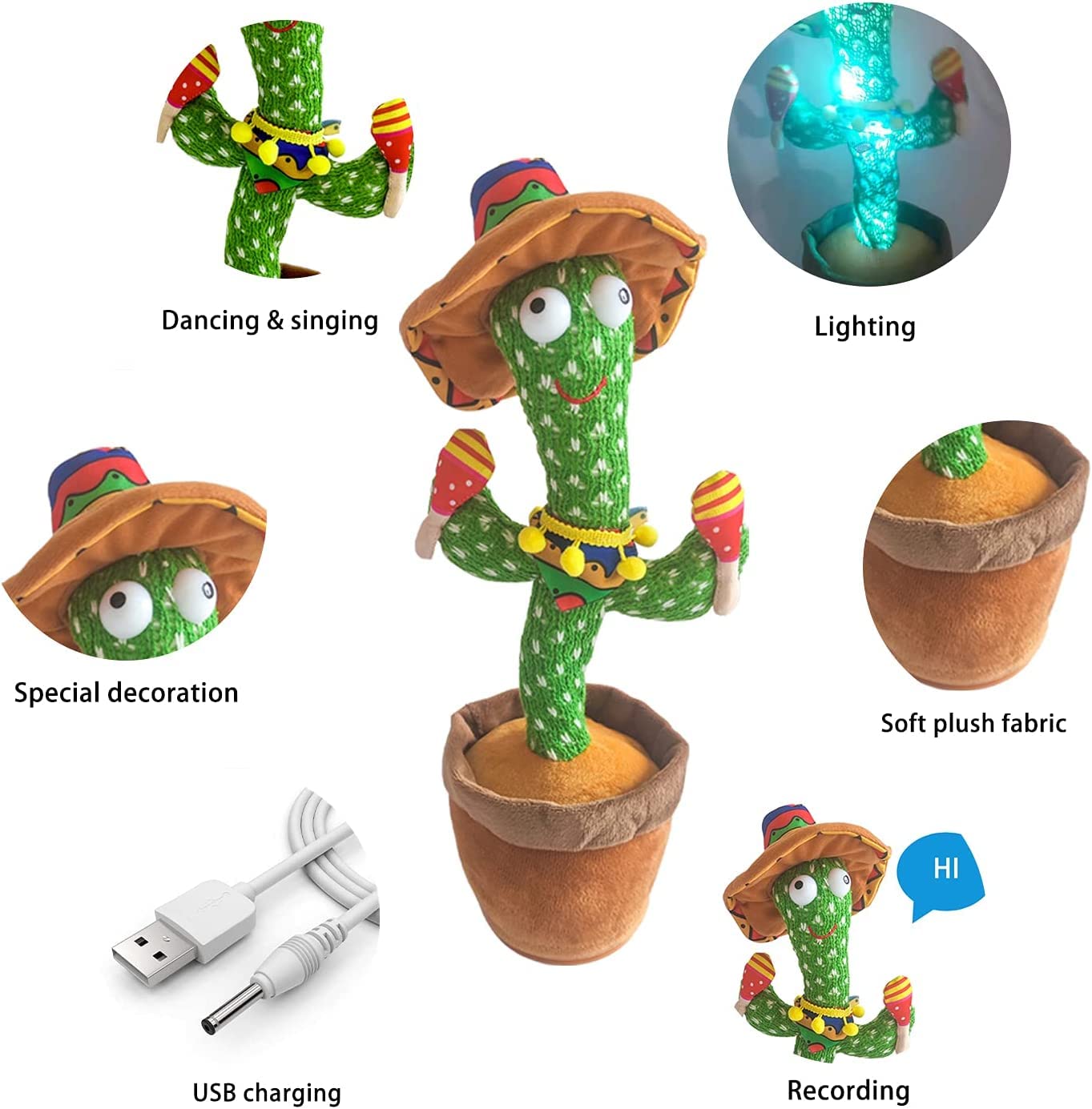 Vocloud Dancing Cactus Talking Cactus Baby Toys-Infant Tummy Time Toys for for 0-6 Months 6-12months 1 Year Old,Recording,Repeats What You say, Baby boy Girl Gifts