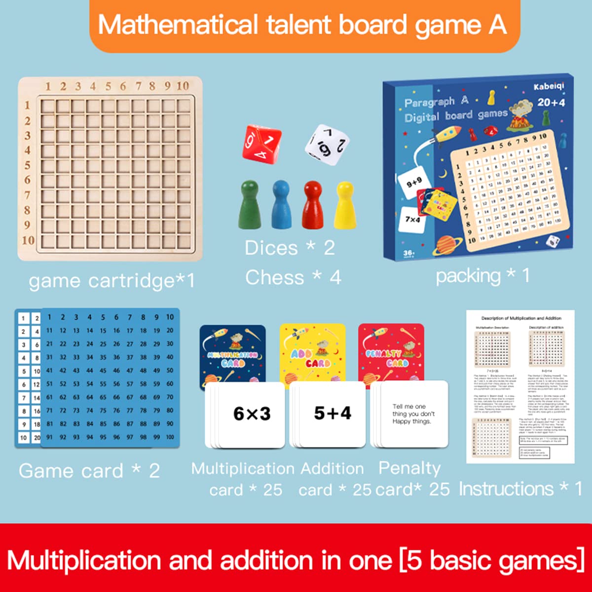 Wooden Math Multiplication and Addition Board with Game Cards Montessori Children Counting Toy Wooden Math Blocks Board for Toddlers Kids Over 3 Years Old (Standard Model)