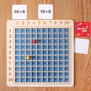 Wooden Math Multiplication and Addition Board with Game Cards Montessori Children Counting Toy Wooden Math Blocks Board for Toddlers Kids Over 3 Years Old (Standard Model)