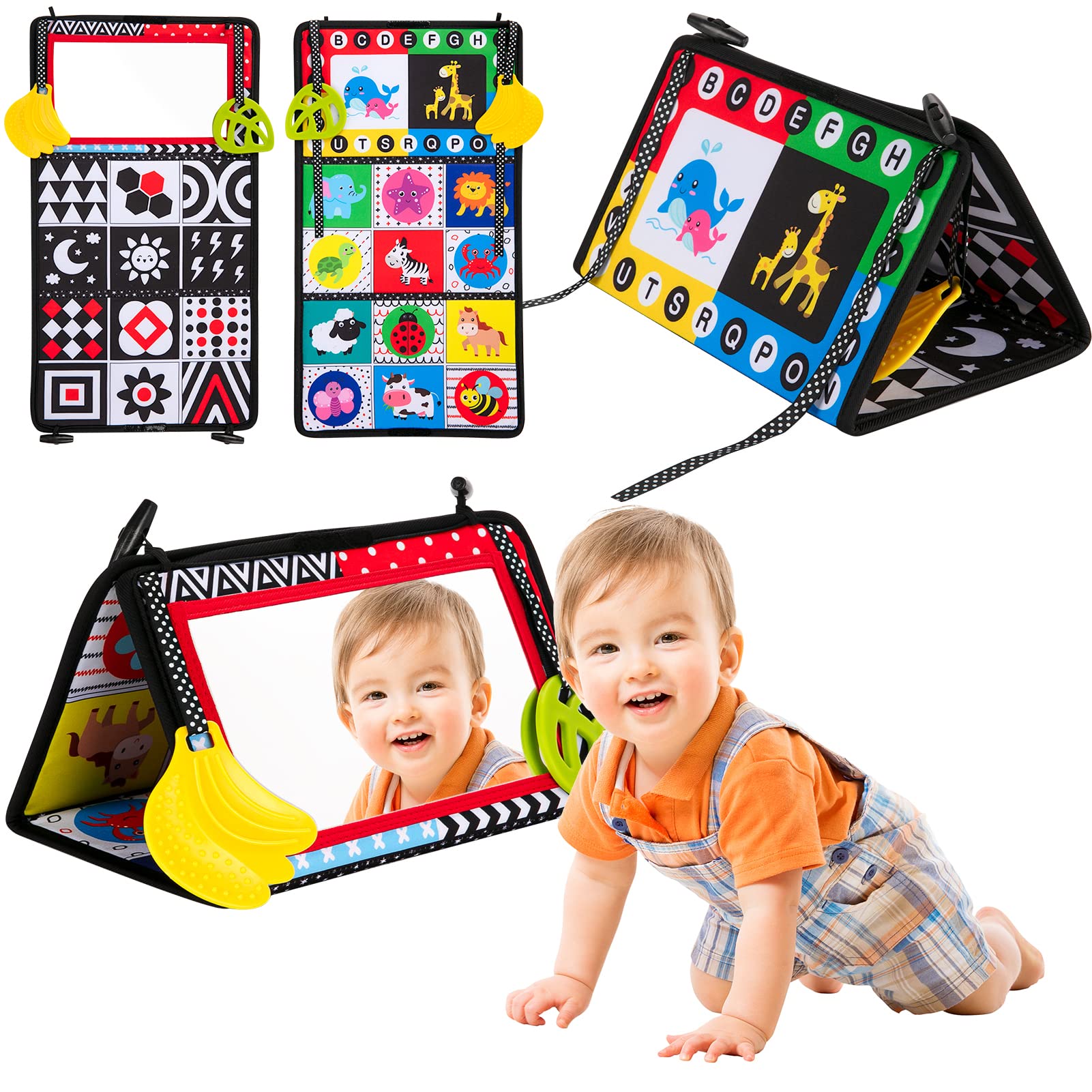 Tyseoome Tummy Time Mat, Baby Mirror,Infant Toys Baby Toys 3-6 7 8 9 10 11 12 Months,Newborn Toys Sensory Toy Montessori Sensory Crinkle Black and White Book Boys Girls Soft Floor Mirror