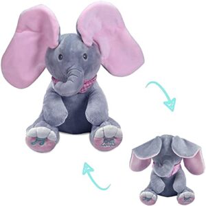 omgod peek a boo elephant stuffed animals, plush toy for baby girls hide-and-seek game toy singing interactive musical toys, great gift for 6 month 1+ year girls moving ears bear doll-12