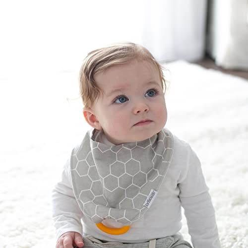 Dr. Brown’s Bandana Bib with Snap-On Removable Teether, Cotton Baby Bib with Soft Fleece Lining for Teething & Drooling, 3m+, 2-Pack, Bees & Gray Honeycomb