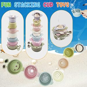 Baby Bath Toys for Toddlers 1-3, 16PCS Bath Squirt Toys with Hole, Silicone Bath Toys Contains 7 Stacking Cups and 3 Boats and 6 Animals, Best Shower Water Toys for Boys and Girls