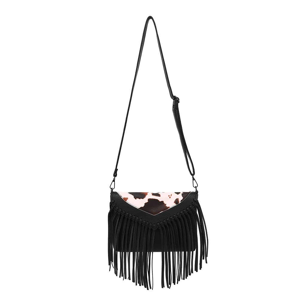 ZOVYRON Western Fringe Crossbody Purse, Boho Cow Print Bag Small Leather Fringe Purse Leopard Tassel Fringe Shoulder Bag for Women