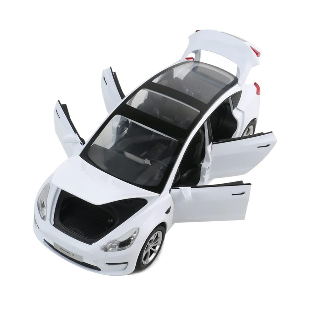 EROCK Model 3 Toy Car, 1/24 Diecast, Pull Back Collectible Vehicle with Sound and Light, 6 Open Doors, Kids Toy (White)