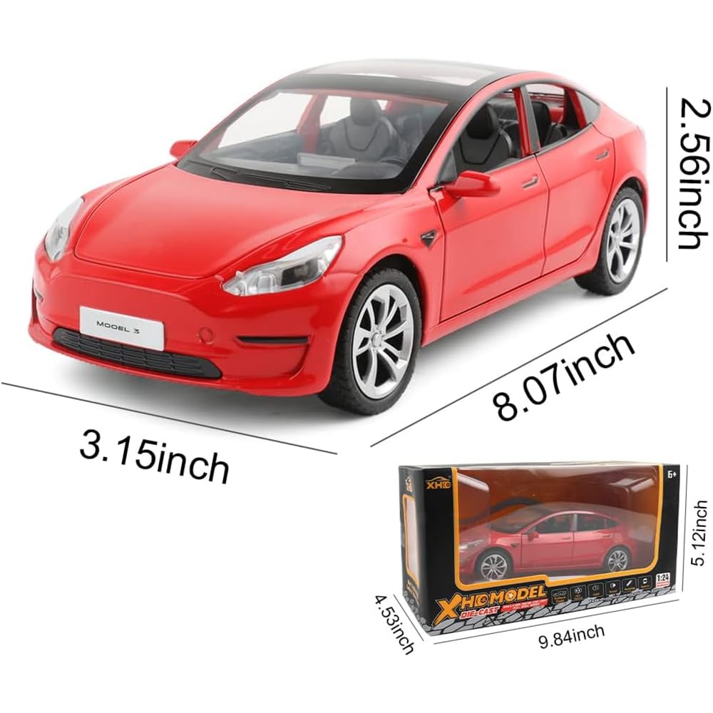 1/24 Diecast Model 3 Toy Car, Alloy Casting Model 3 Model Car Pull Back Collectible Vehicles with Sound and Light, 6 Open Doors, Model 3 Diecast Model Car Toy for Kids Adults (Red)