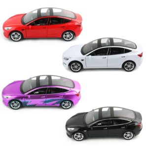 EROCK Model 3 Toy Car, 1/24 Diecast, Pull Back Collectible Vehicle with Sound and Light, 6 Open Doors, Kids Toy (White)