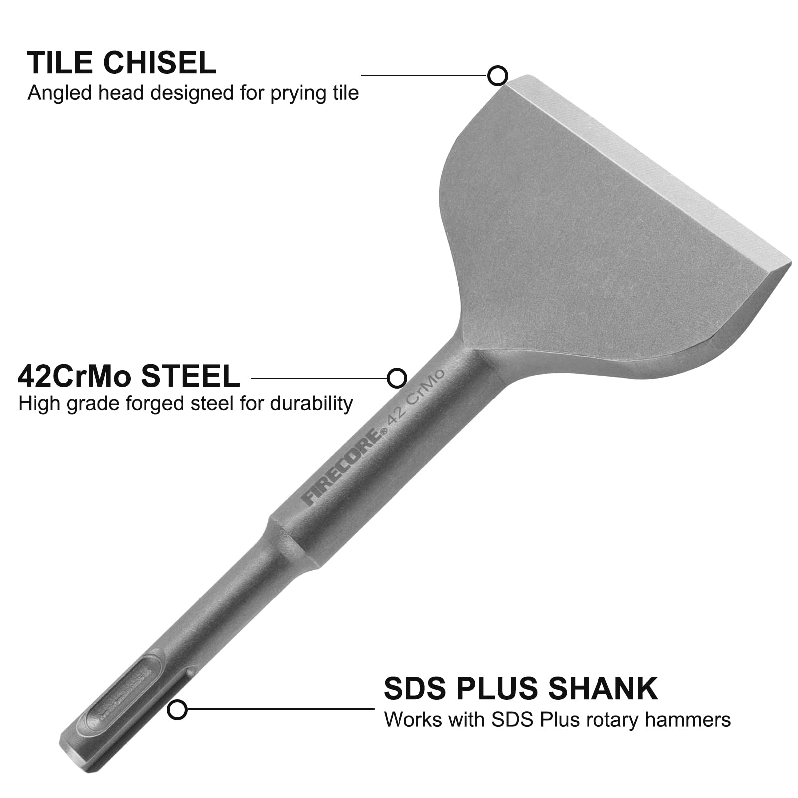 Firecore 3 In SDS Plus Chisel Bit Cranked Angled Bent Chisel for Hammer Drill 42CrMo, SDS Plus Floor Scraper with Spare Bolts and Locknuts, 5 Inch x 11 Inch Tile Removal Chisel Tool Heavy Duty