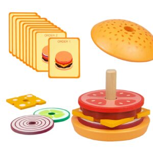 wooden burger stacking toys, montessori toys for toddlers fine motor skills toys educational learning toys play food kids toys for boys girls 3 4 5 years old (burger)