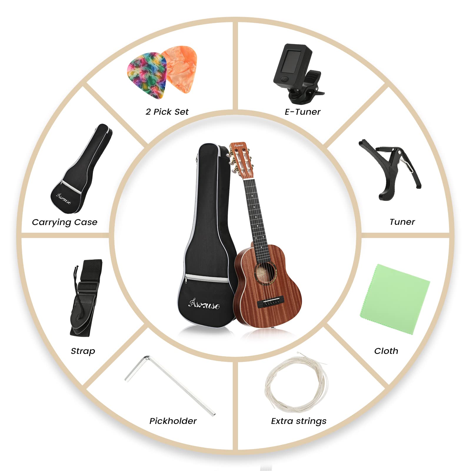 Asmuse 30" Classical Guitar, Soild Wood Beginner Acoustic Guitar Kit with Gig Bag, Extra Strings, Strap, Picks, Tuner (Natural)