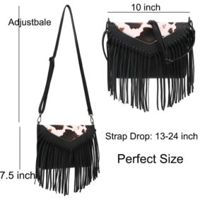 ZOVYRON Western Fringe Crossbody Purse, Boho Cow Print Bag Small Leather Fringe Purse Leopard Tassel Fringe Shoulder Bag for Women