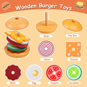 Wooden Burger Stacking Toys, Montessori Toys for Toddlers Fine Motor Skills Toys Educational Learning Toys Play Food Kids Toys for Boys Girls 3 4 5 Years Old (Burger)