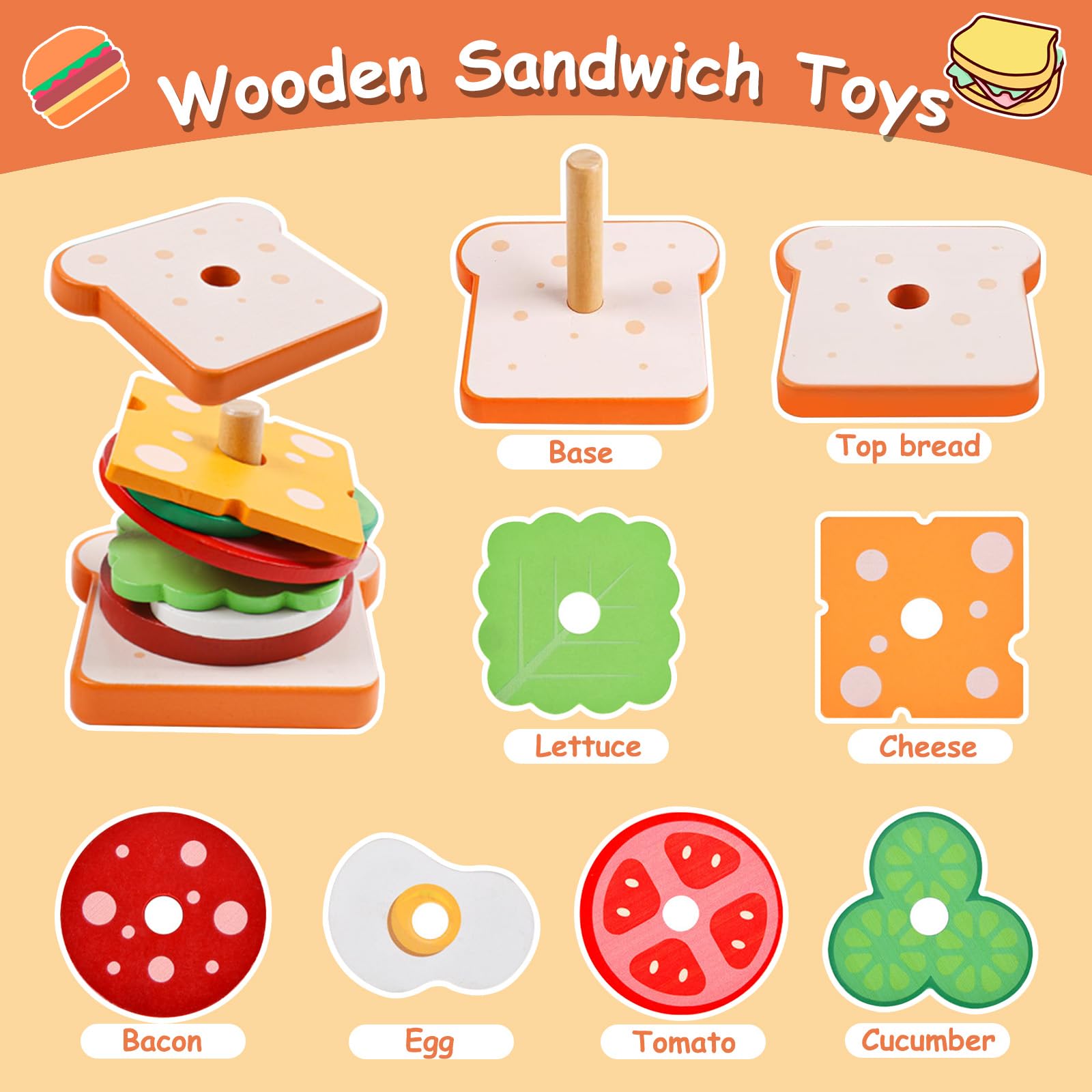 Wooden Sandwich Stacking Toys, Montessori Toys for Toddlers Kitchen Play Food Educational Preschool Learning Toys Christmas Birthday Gift Kids Toys for Boys Girls 3 4 5 Years Old (Sandwich)