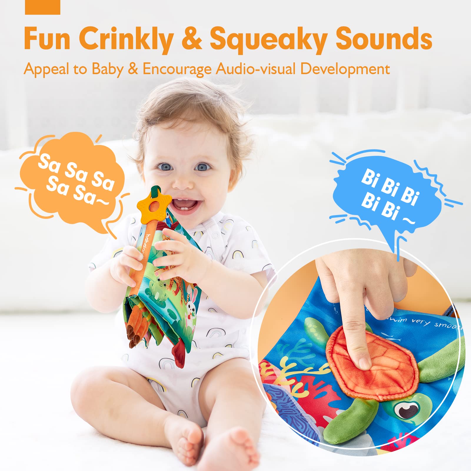 hahaland Baby Books 0-6 Months - 2 PCS Sensory Montessori Toys for Babies 0-6 Months with Crinkle Squeaky Sounds, Mirrors, Teethers - Soft Cloth Tummy Time Book Newborn Infant Toys