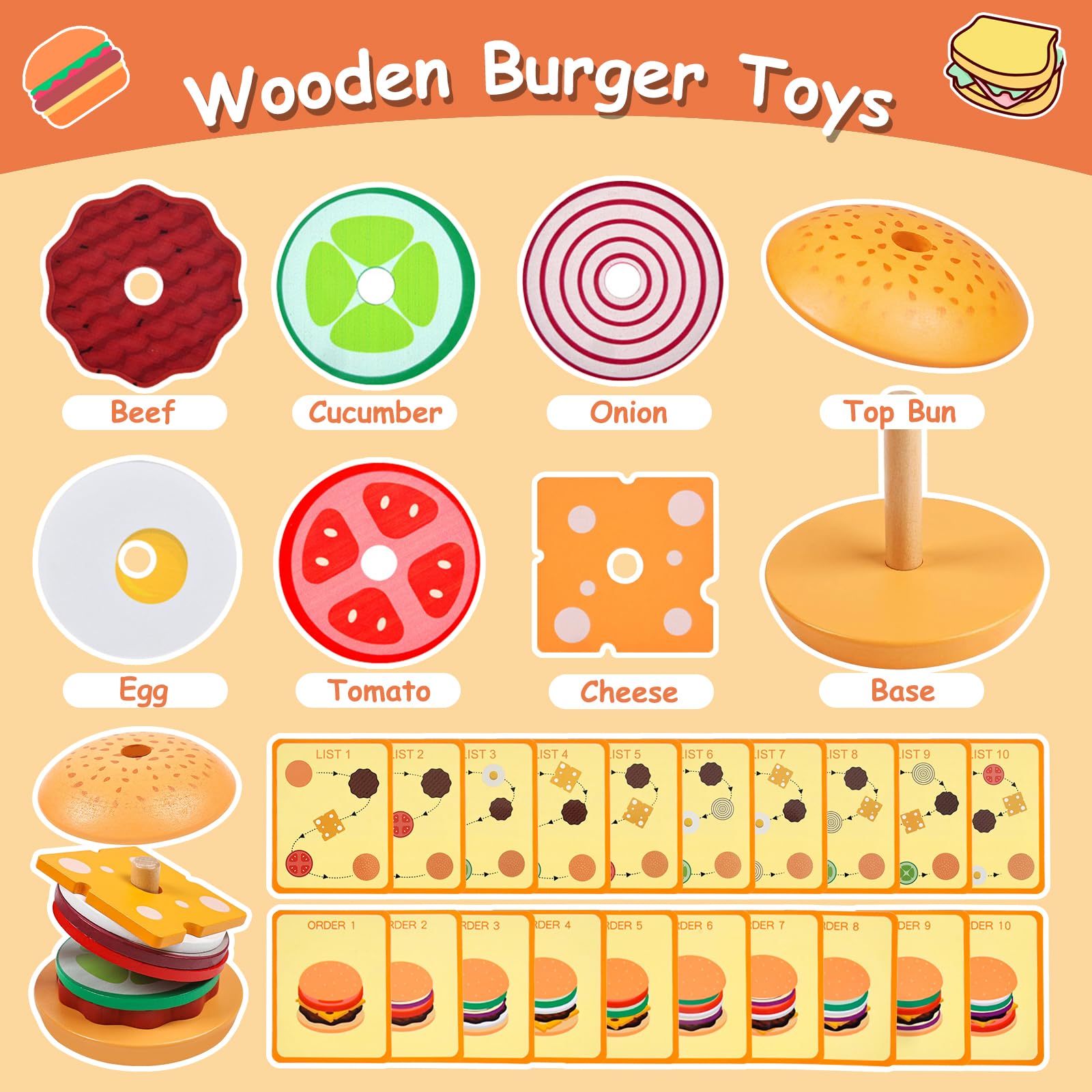 Wooden Burger Stacking Toys, Montessori Toys for Toddlers Fine Motor Skills Toys Educational Learning Toys Play Food Kids Toys for Boys Girls 3 4 5 Years Old (Burger)