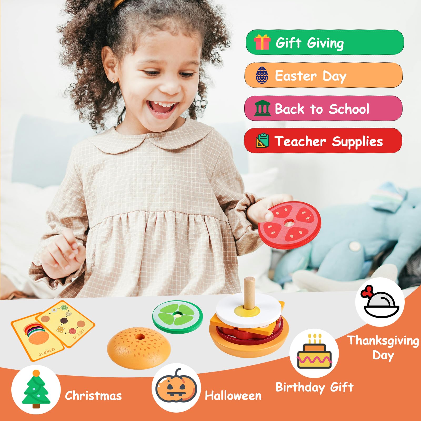 Wooden Burger Sandwich Stacking Toys, Montessori Toys for Toddlers Play Food Educational Preschool Learning Toys Christmas Birthday Gift Kids Toys for Boys Girls 3 4 5 Years Old (Set)