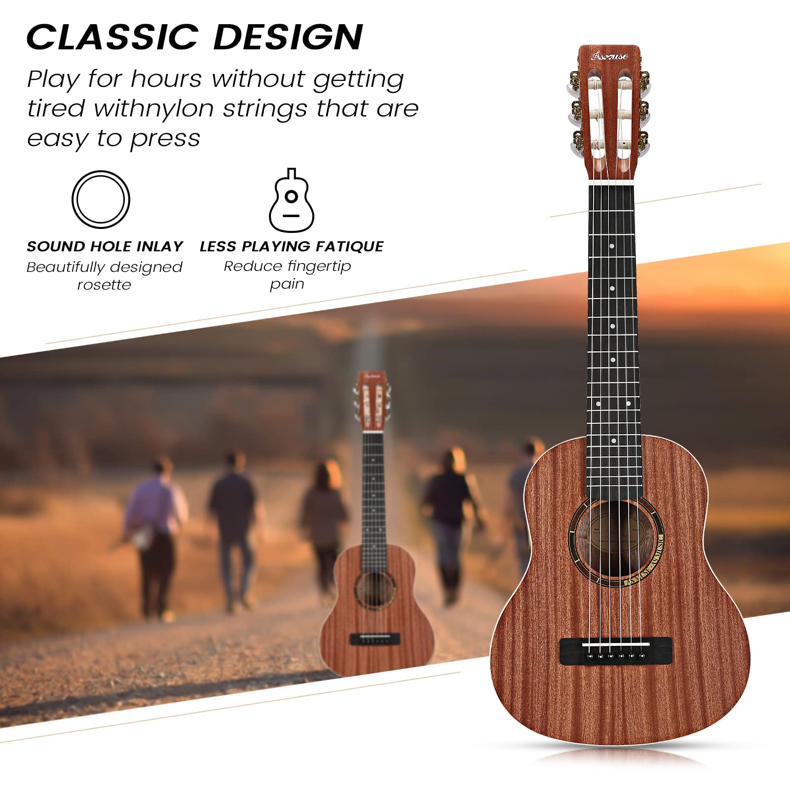 Asmuse 30" Classical Guitar, Soild Wood Beginner Acoustic Guitar Kit with Gig Bag, Extra Strings, Strap, Picks, Tuner (Natural)