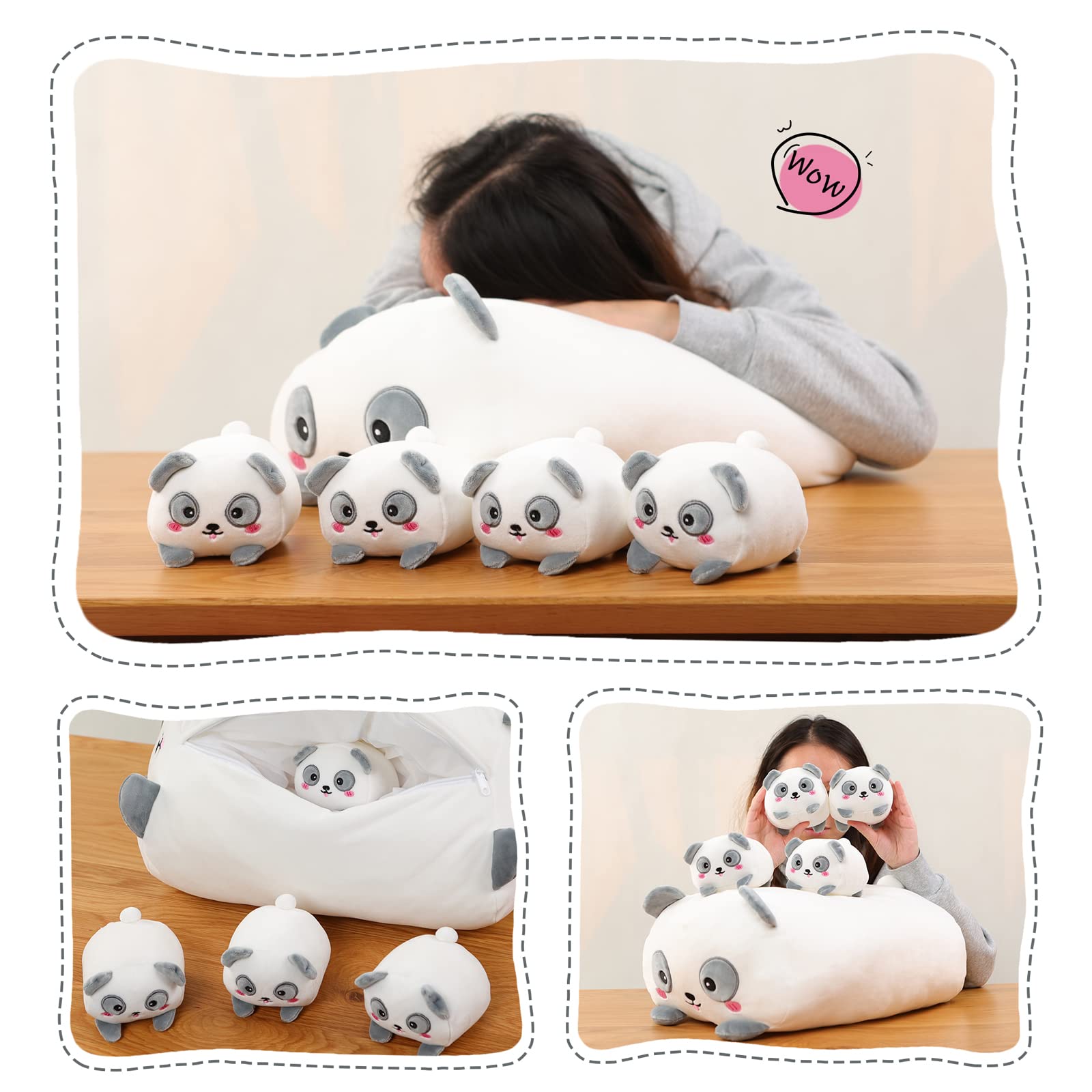 AIXINI Cute Panda Mommy Stuffed Animal with 4 Little Baby Pandas Plush, Super Soft Cartoon Hugging Toy Gifts for Bedding, Kids Sleeping Kawaii Pillow