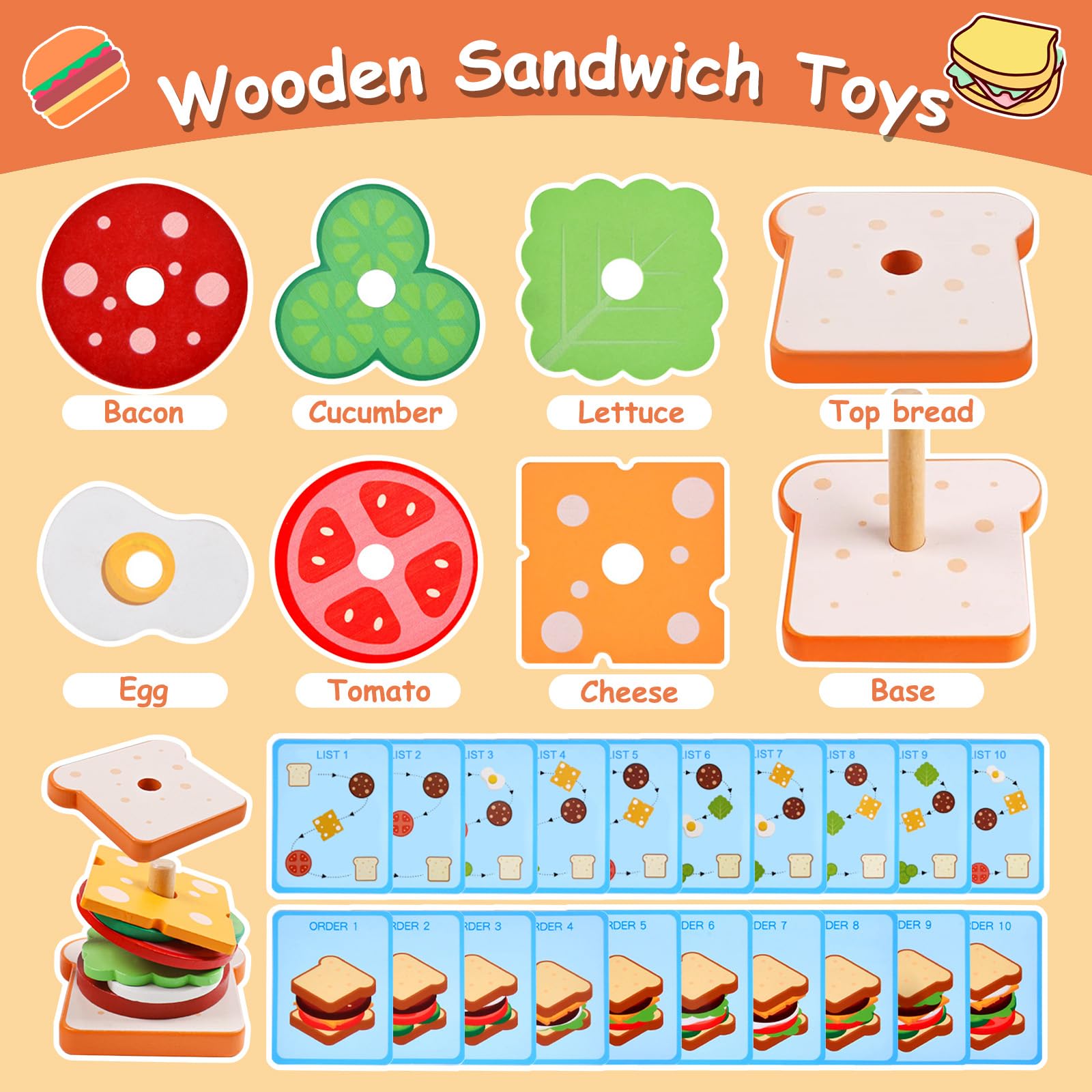 Wooden Burger Sandwich Stacking Toys, Montessori Toys for Toddlers Play Food Educational Preschool Learning Toys Christmas Birthday Gift Kids Toys for Boys Girls 3 4 5 Years Old (Set)