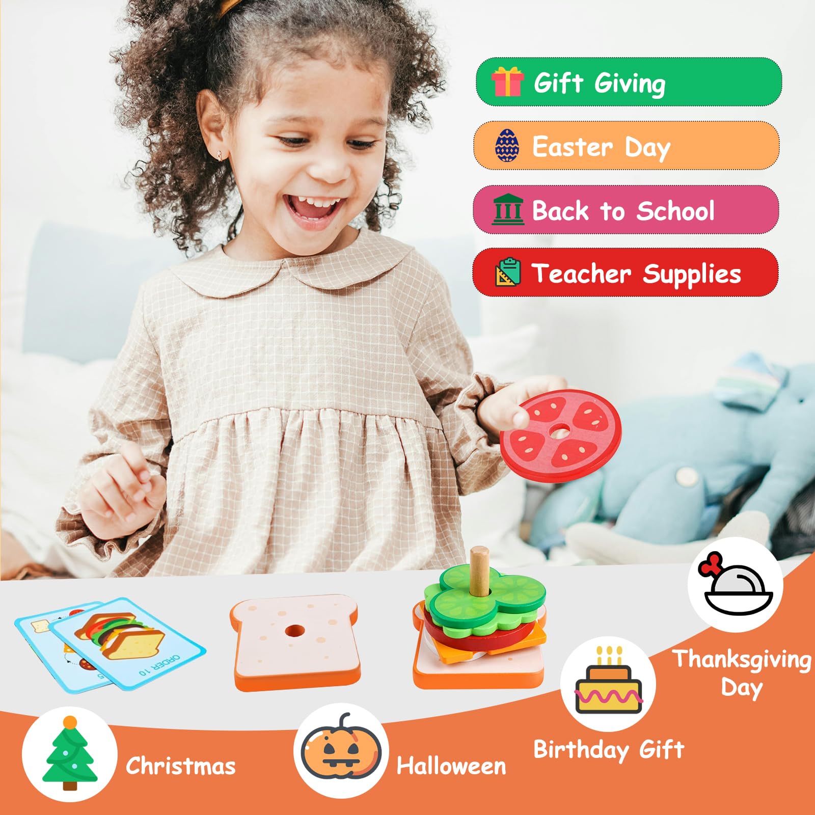 Wooden Sandwich Stacking Toys, Montessori Toys for Toddlers Kitchen Play Food Educational Preschool Learning Toys Christmas Birthday Gift Kids Toys for Boys Girls 3 4 5 Years Old (Sandwich)