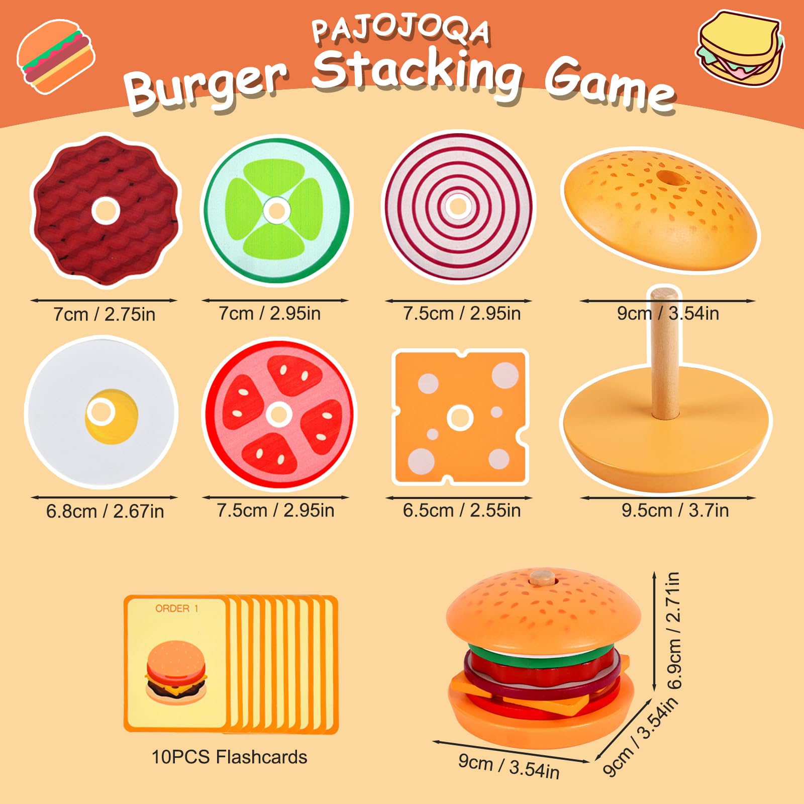 Wooden Burger Stacking Toys, Montessori Toys for Toddlers Fine Motor Skills Toys Educational Learning Toys Play Food Kids Toys for Boys Girls 3 4 5 Years Old (Burger)