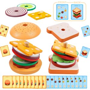 Wooden Burger Sandwich Stacking Toys, Montessori Toys for Toddlers Play Food Educational Preschool Learning Toys Christmas Birthday Gift Kids Toys for Boys Girls 3 4 5 Years Old (Set)