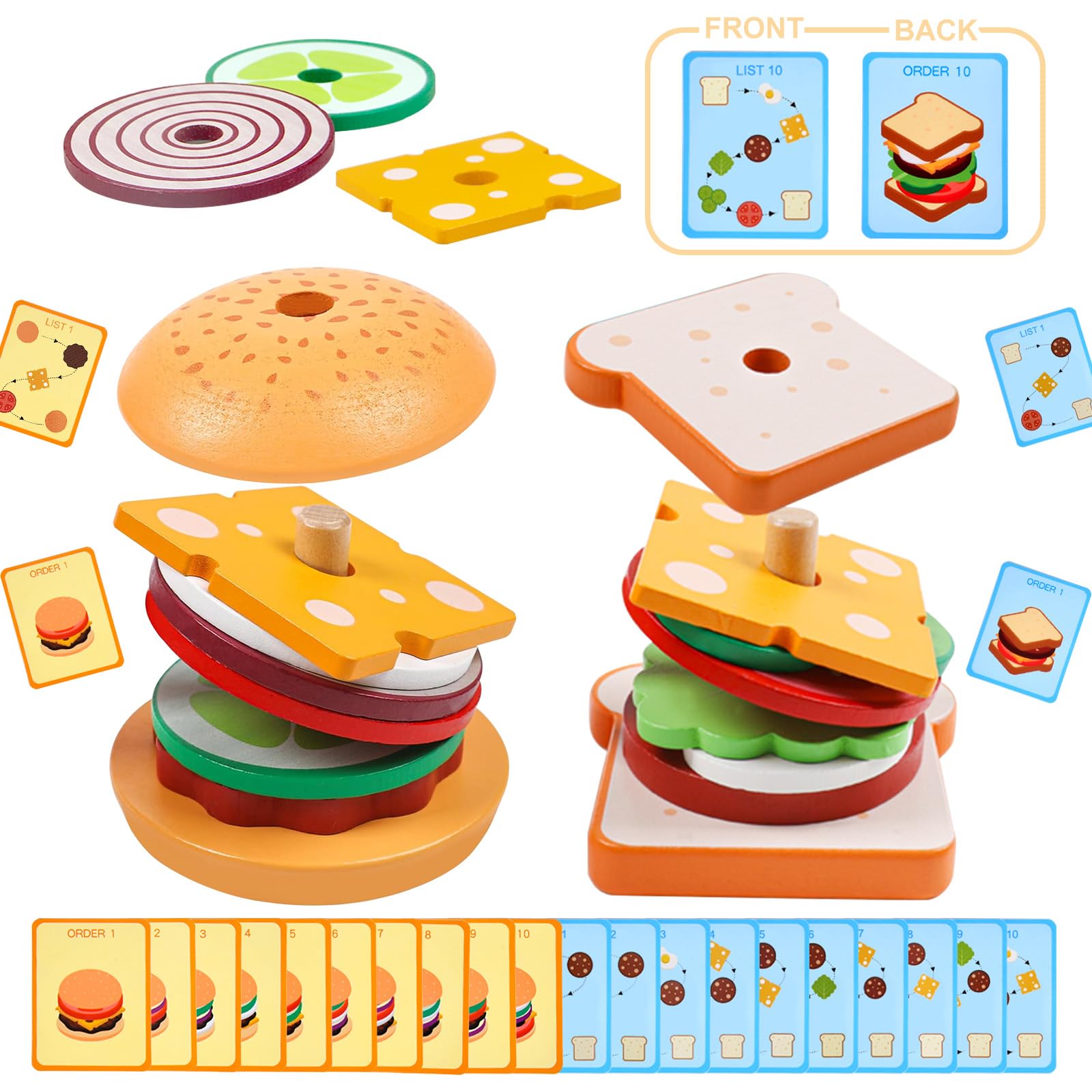 Wooden Burger Sandwich Stacking Toys, Montessori Toys for Toddlers Play Food Educational Preschool Learning Toys Christmas Birthday Gift Kids Toys for Boys Girls 3 4 5 Years Old (Set)