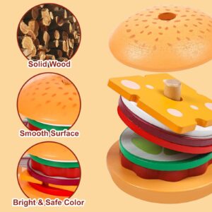 Wooden Burger Sandwich Stacking Toys, Montessori Toys for Toddlers Play Food Educational Preschool Learning Toys Christmas Birthday Gift Kids Toys for Boys Girls 3 4 5 Years Old (Set)