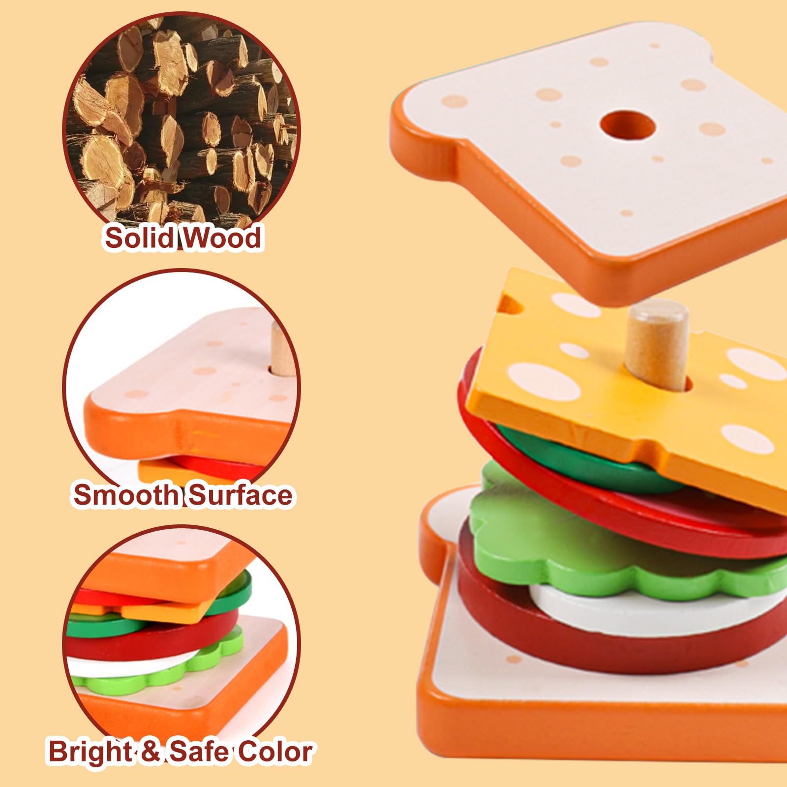 Wooden Burger Sandwich Stacking Toys, Montessori Toys for Toddlers Play Food Educational Preschool Learning Toys Christmas Birthday Gift Kids Toys for Boys Girls 3 4 5 Years Old (Set)