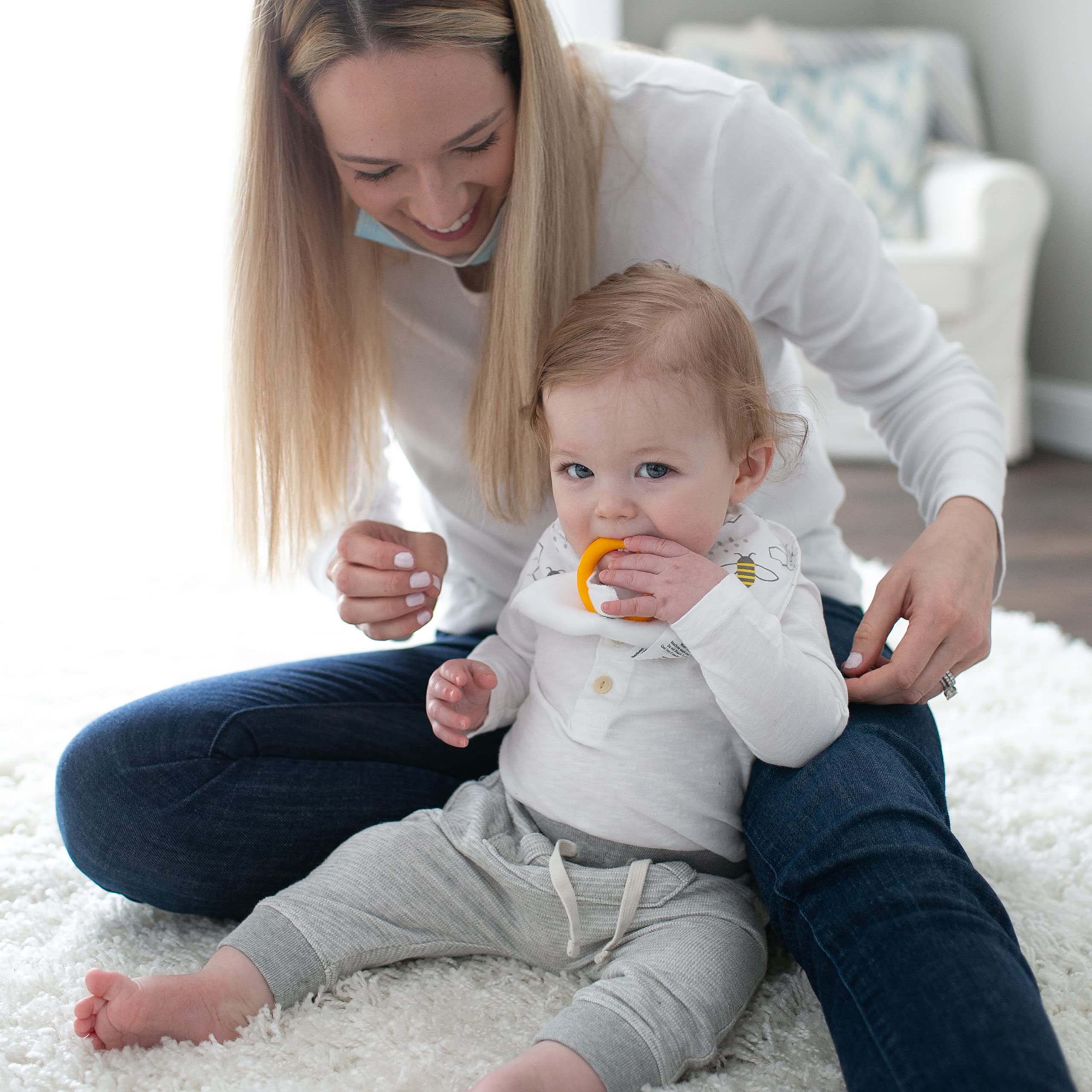 Dr. Brown’s Bandana Bib with Snap-On Removable Teether, Cotton Baby Bib with Soft Fleece Lining for Teething & Drooling, 3m+, 2-Pack, Bees & Gray Honeycomb