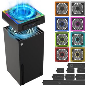 gamsurfing cooling fan dustproof for xbox series x console with colorful led light,accessory with 6 dust cover filter,8 rubber dust plugs,3 levels low noise top fan,extra 3.0&2.0 usb port for series x