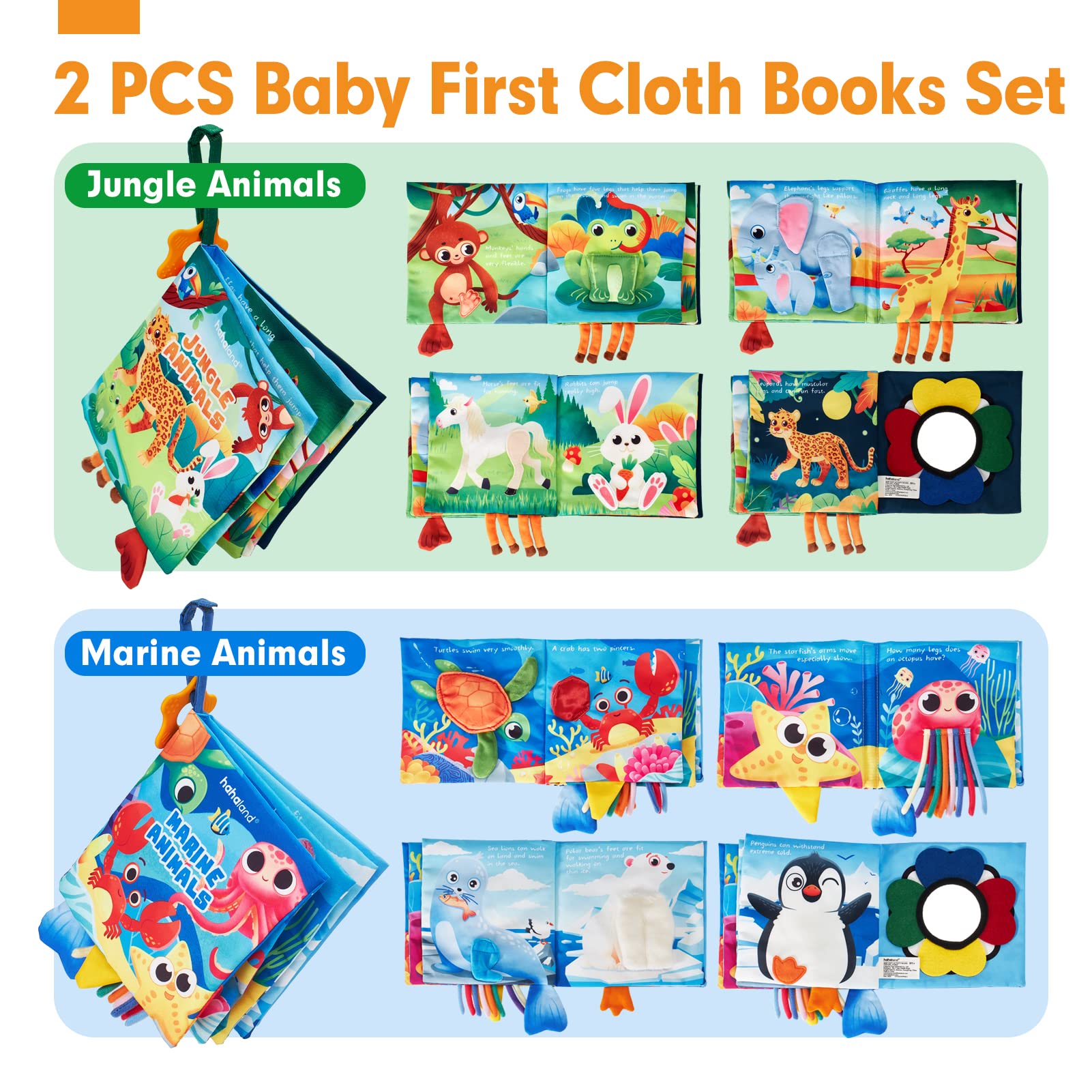 hahaland Baby Books 0-6 Months - 2 PCS Sensory Montessori Toys for Babies 0-6 Months with Crinkle Squeaky Sounds, Mirrors, Teethers - Soft Cloth Tummy Time Book Newborn Infant Toys