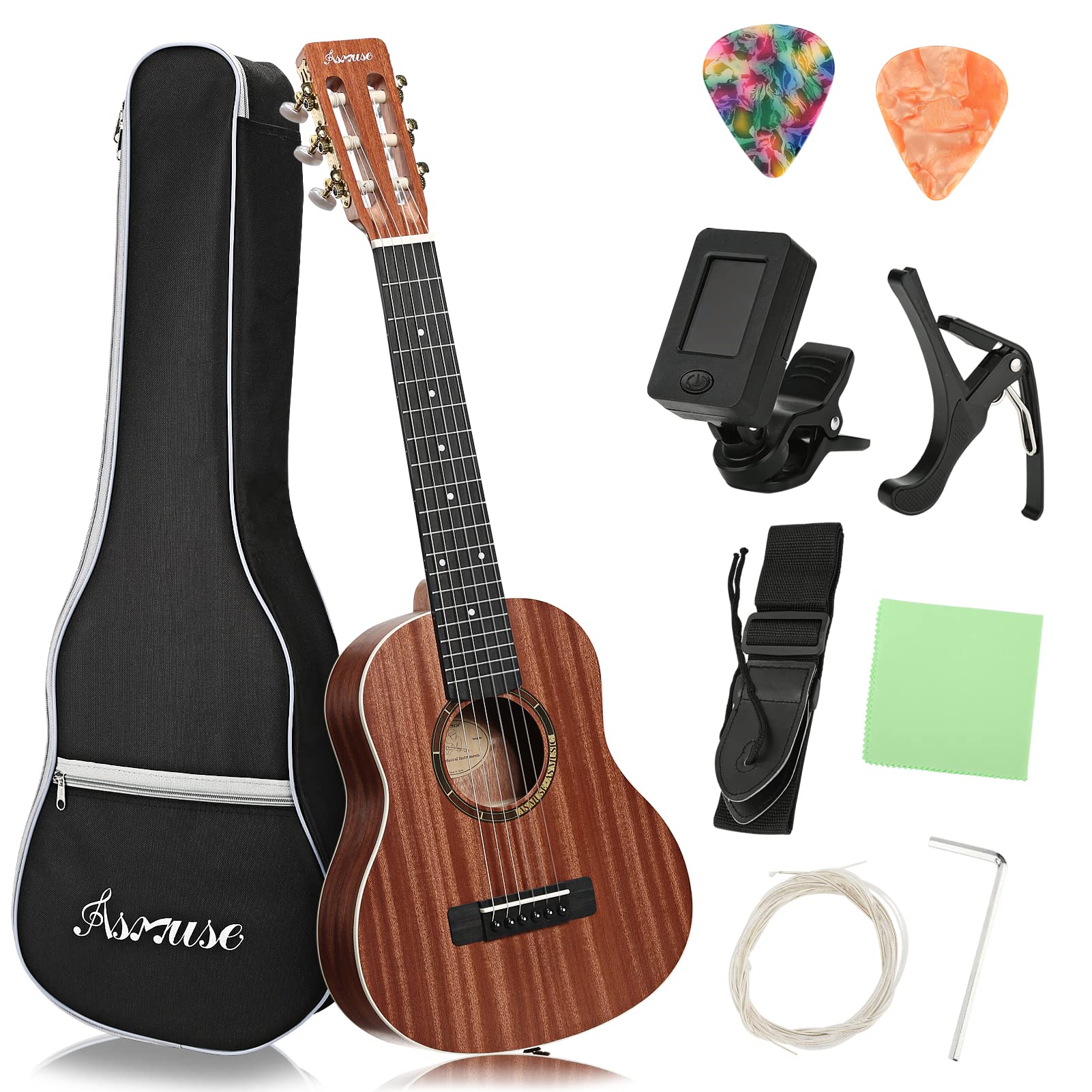 Asmuse 30" Classical Guitar, Soild Wood Beginner Acoustic Guitar Kit with Gig Bag, Extra Strings, Strap, Picks, Tuner (Natural)