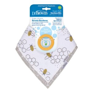 Dr. Brown’s Bandana Bib with Snap-On Removable Teether, Cotton Baby Bib with Soft Fleece Lining for Teething & Drooling, 3m+, 2-Pack, Bees & Gray Honeycomb