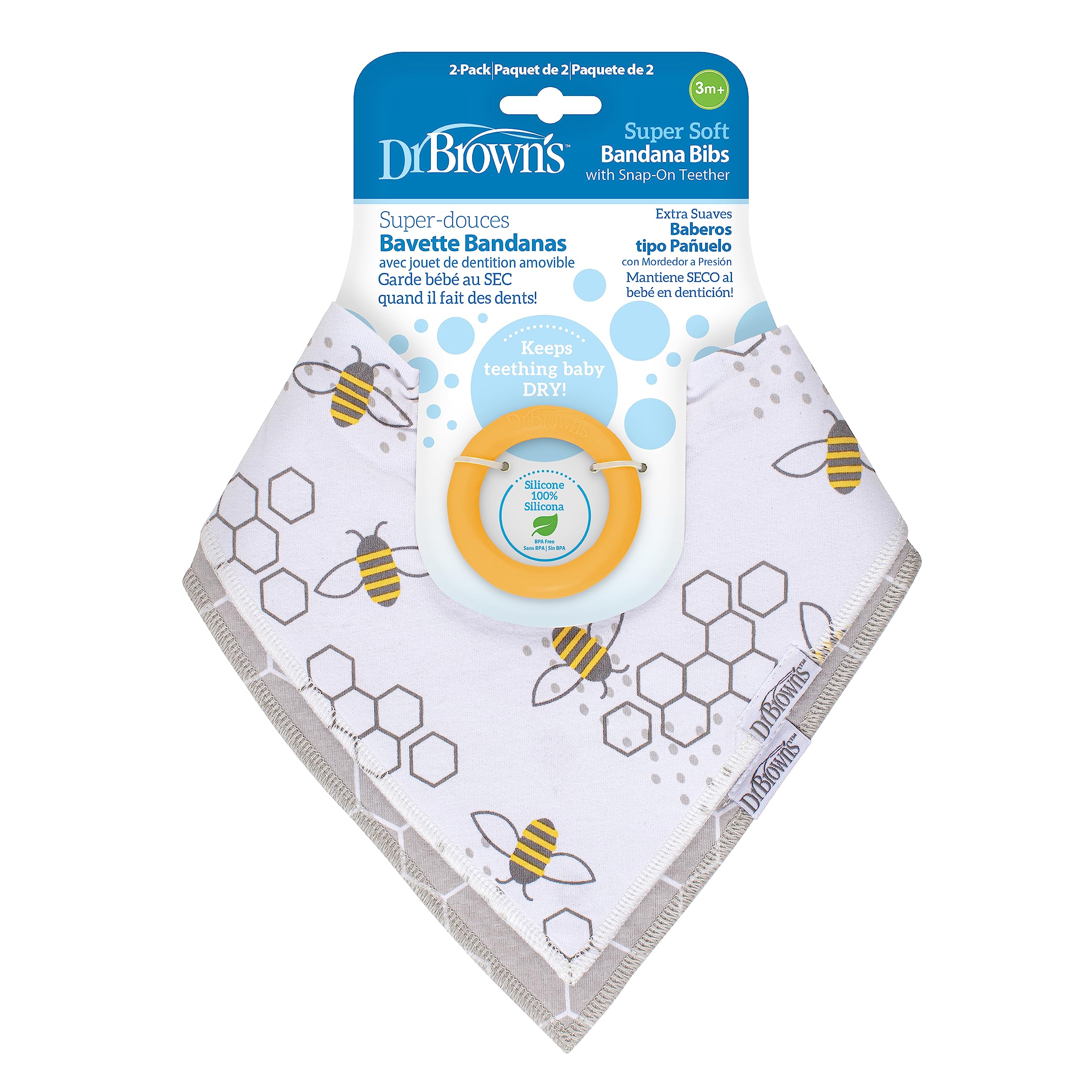 Dr. Brown’s Bandana Bib with Snap-On Removable Teether, Cotton Baby Bib with Soft Fleece Lining for Teething & Drooling, 3m+, 2-Pack, Bees & Gray Honeycomb