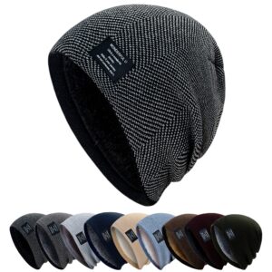 hirui winter beanie hats for men women knit fleece lined warm slouchy skull cap (black)