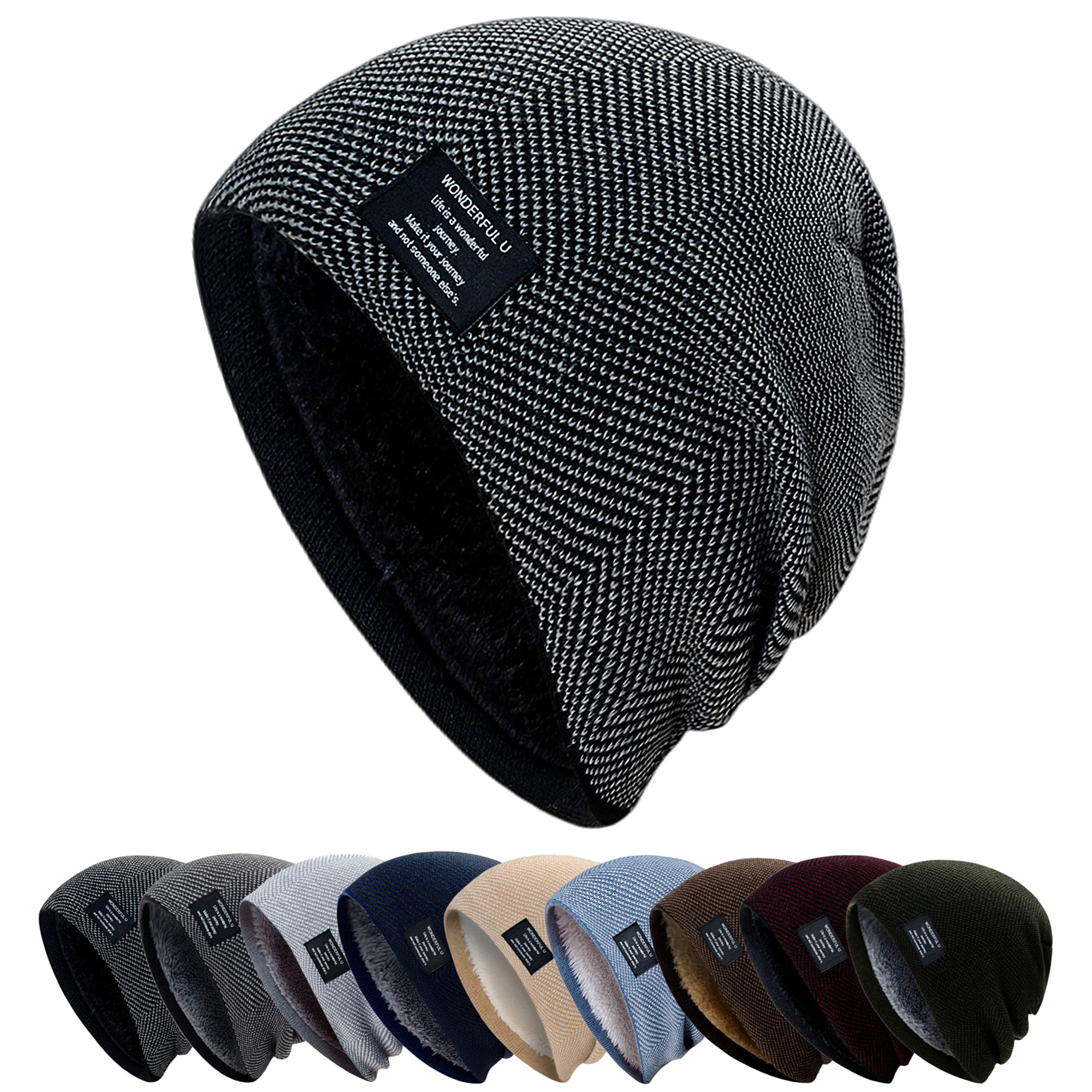 HiRui Winter Beanie Hats for Men Women Knit Fleece Lined Warm Slouchy Skull Cap (Black)