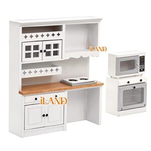 iLAND Dollhouse Kitchen, Modern Dollhouse Furniture Set on 1/12 Scale Wooden White to Store Miniature Food