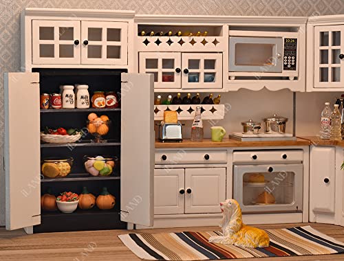 iLAND Dollhouse Kitchen, Modern Dollhouse Furniture Set on 1/12 Scale Wooden White to Store Miniature Food