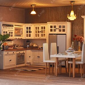 iLAND Dollhouse Kitchen, Modern Dollhouse Furniture Set on 1/12 Scale Wooden White to Store Miniature Food