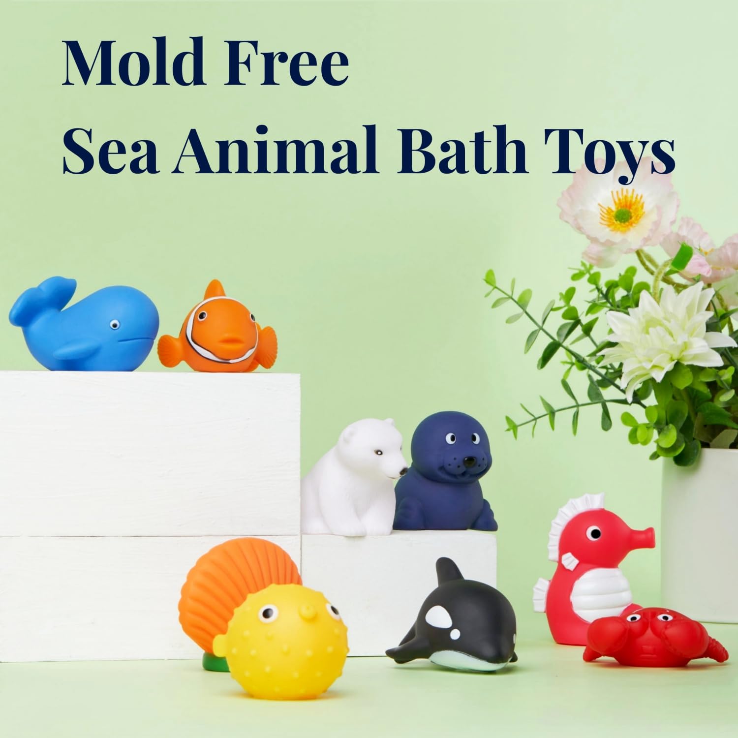 XY-WQ Bath Toys No Hole, for Infants 6-12& Toddlers 1-3, No Hole Bathtub Toys (Sea Animals, 9 Pcs with Mesh Bag)