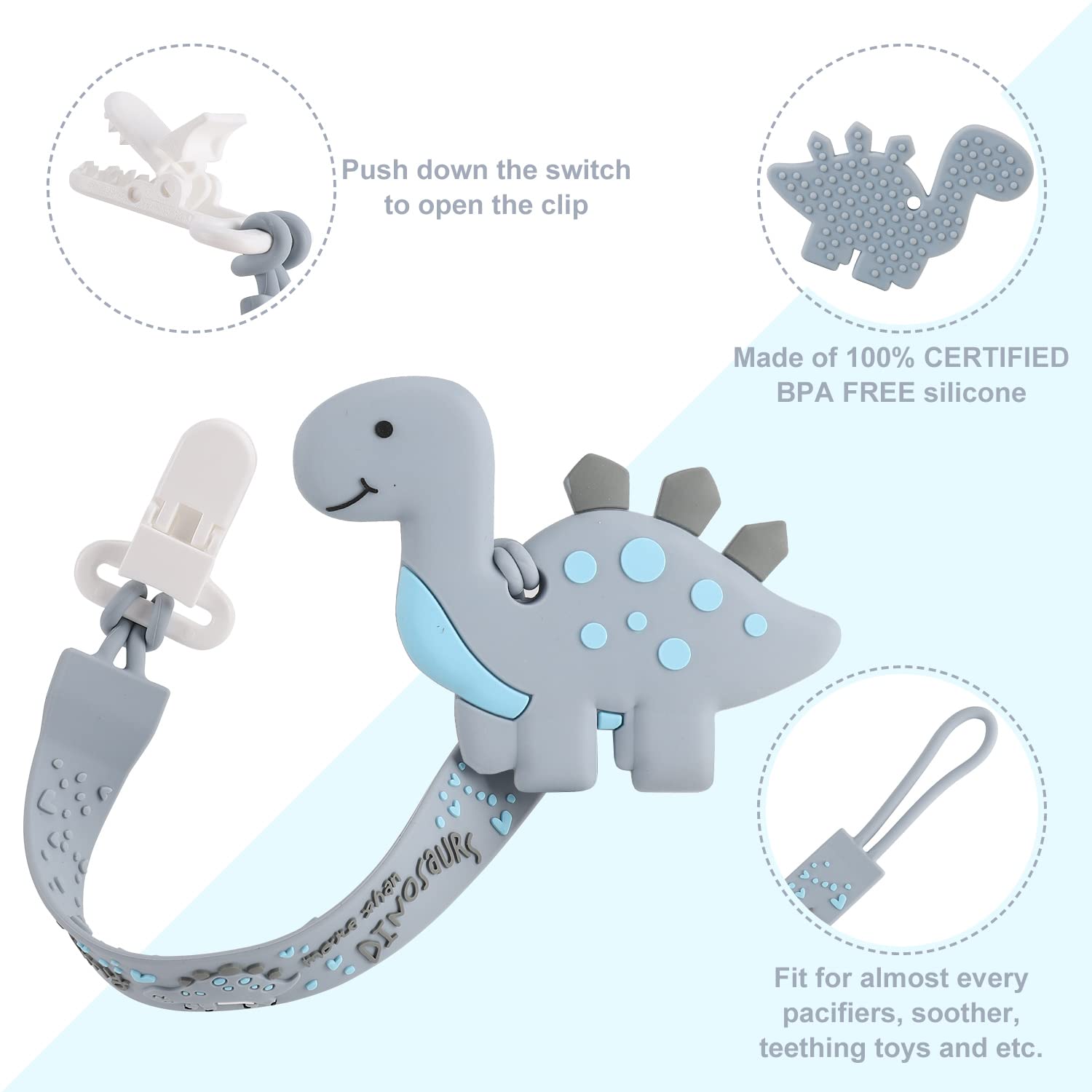 Baby Teething Toys, Dinosaur Teether Pain Relief Toy with One Piece Design Silicone Pacifier Clip Holder Set for Newborn Babies, Freezer Safe Neutral Shower Gift for Boy and Girl(Grey)