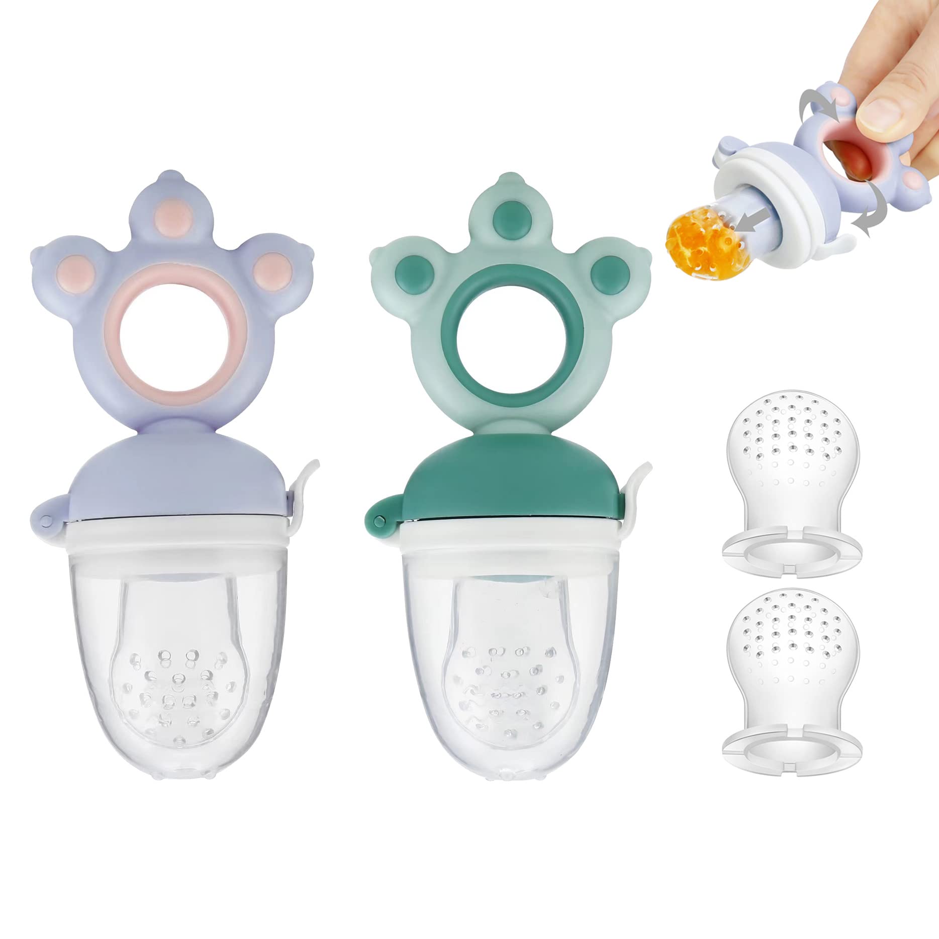 PandaEar 2 Pack Baby Fresh Fruit Food Feeder Nibbler Pacifier with 2 Silicone Replacement Pouches| Training Massaging Toy Teether| Food Grade Soft Safe BPA-Free| Babies Toddlers Infants Kids