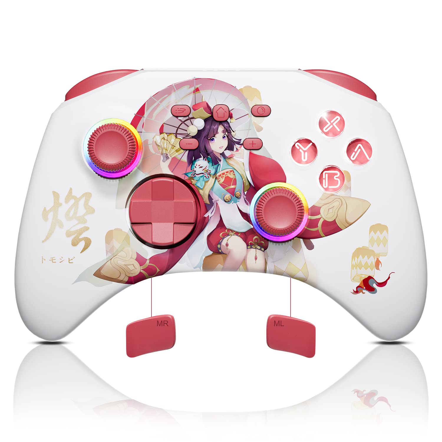 White Wireless Bluetooth Pro Controller for IOS/Android Phone, Switch/OLED/Lite, Steam Deck, PC, Multi Platform with RGB Light, Programmable Back Buttons, Headphone Jack, Anime Girl Touro