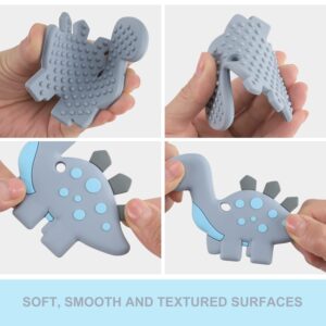 Baby Teething Toys, Dinosaur Teether Pain Relief Toy with One Piece Design Silicone Pacifier Clip Holder Set for Newborn Babies, Freezer Safe Neutral Shower Gift for Boy and Girl(Grey)