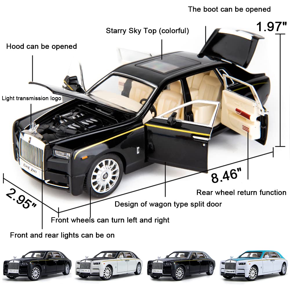 EROCK Upgrade Version -Exquisite car Model 1/24 Rolls-Royce Phantom Model Car,Zinc Alloy Pull Back Toy car with Sound and Light for Kids Boy Girl Gift. (White-Black)