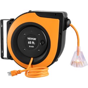 vevor retractable extension cord reel, 65 ft, heavy duty 12awg/3c sjtow power cord, with lighted triple tap outlet, 15 amp circuit breaker, 180° swivel bracket for ceiling or wall mount